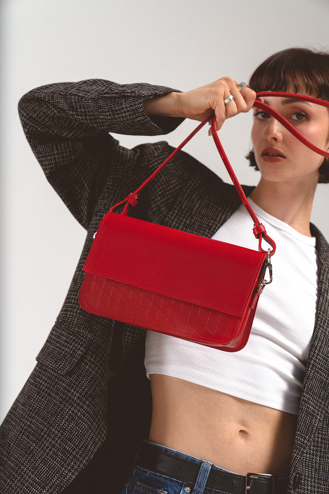 Leather Shoulder Bag - Curie (Red Vectors)